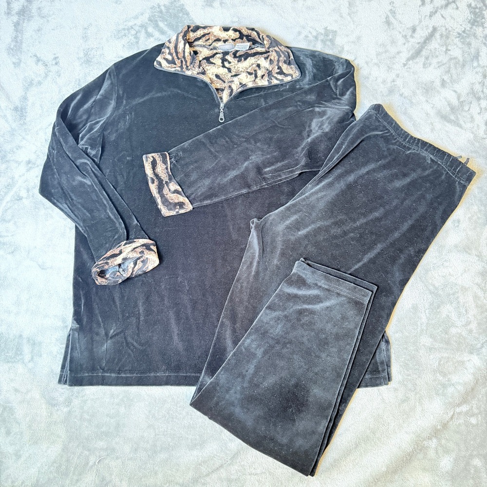 Vintage Jason Maxwell 90s Womens L Black Velour Track Suit Animal Print Trim Set